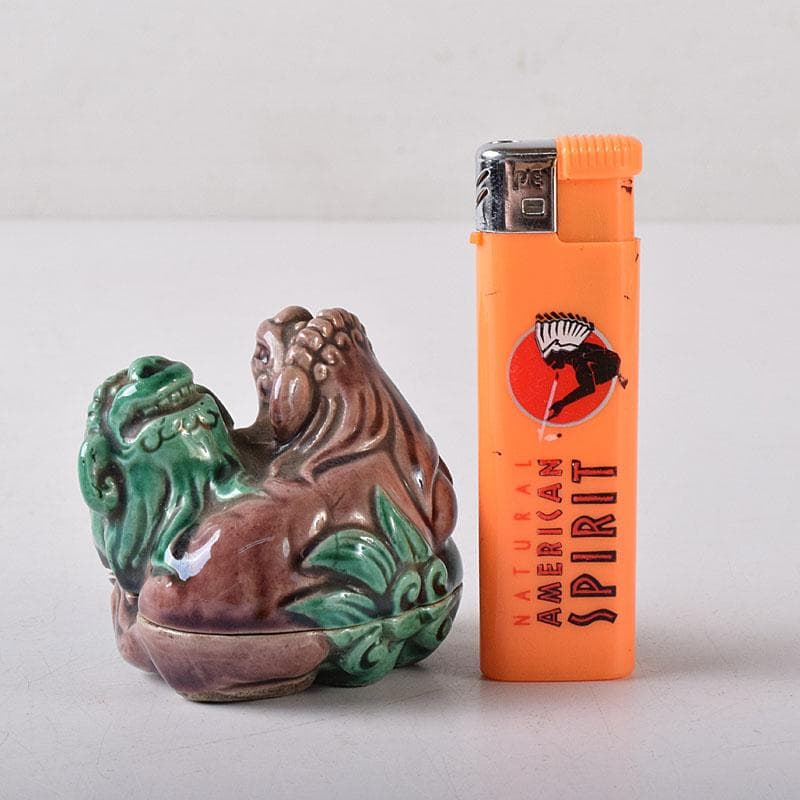 茶道具　九谷焼　九谷岩花造　色絵　獅子　香合　共布　共箱　V　R8226