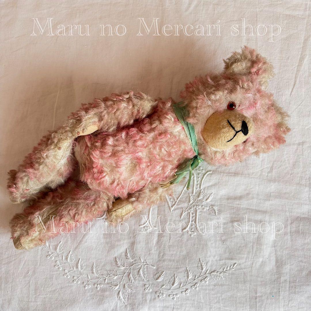 アンティーク　ドイツ　ピンクのベア　グリーンリボン　アンティークベア