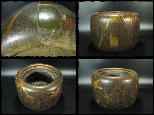 金蒔絵 桐丸 火鉢 一対 竹鳥文 スズメ 囲炉裏 茶道具 e59