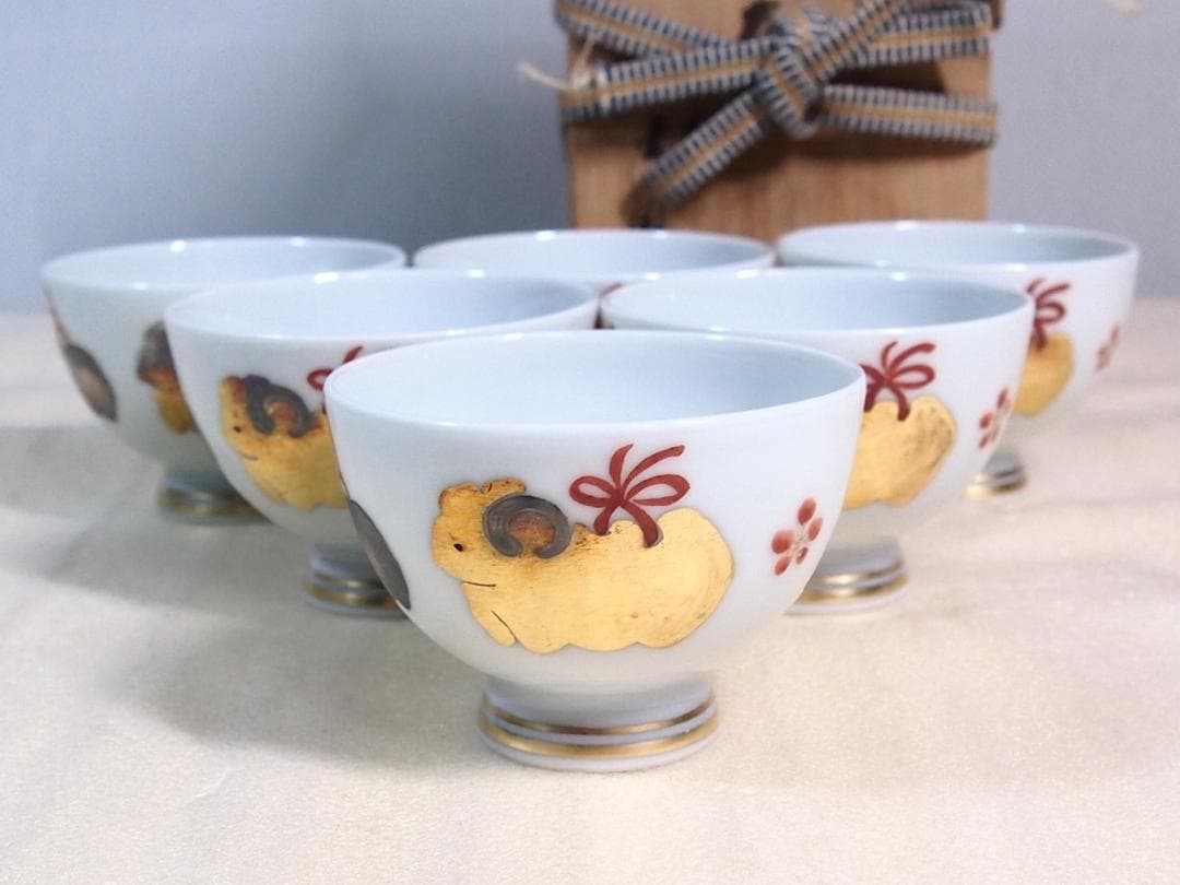 【未使用】京焼/清水焼 京都 平安清鳳 金銀彩羊 茶碗6客 玉露用？干支/未年