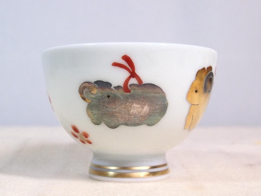 【未使用】京焼/清水焼 京都 平安清鳳 金銀彩羊 茶碗6客 玉露用？干支/未年