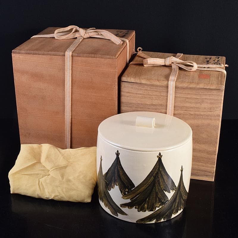 京焼　三浦竹軒造　鉄絵　鳥山水図　水指　共布共箱二重箱　C　R8833B