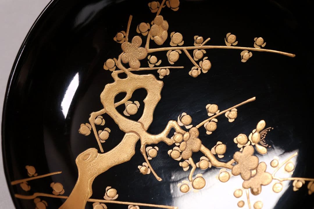 【CM233】古い木皿 五客 梅 金蒔絵 黒塗 小皿 菓子皿 木製漆器 大正昭和