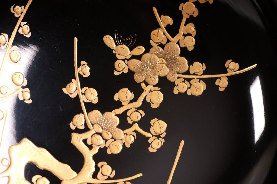 【CM233】古い木皿 五客 梅 金蒔絵 黒塗 小皿 菓子皿 木製漆器 大正昭和