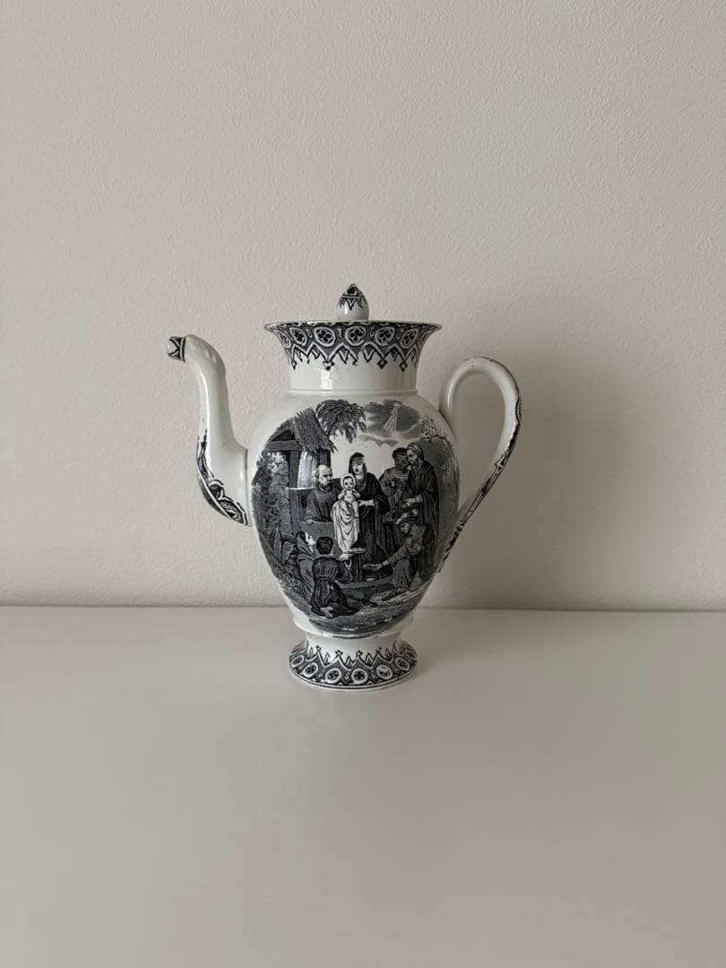 アンティーク　カフェティエール　ファイアンスフィーヌ　クリームウエア　グリザイユ