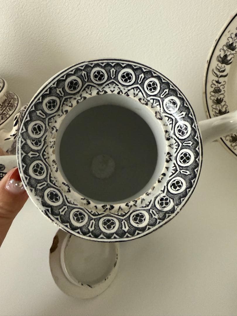 アンティーク　カフェティエール　ファイアンスフィーヌ　クリームウエア　グリザイユ