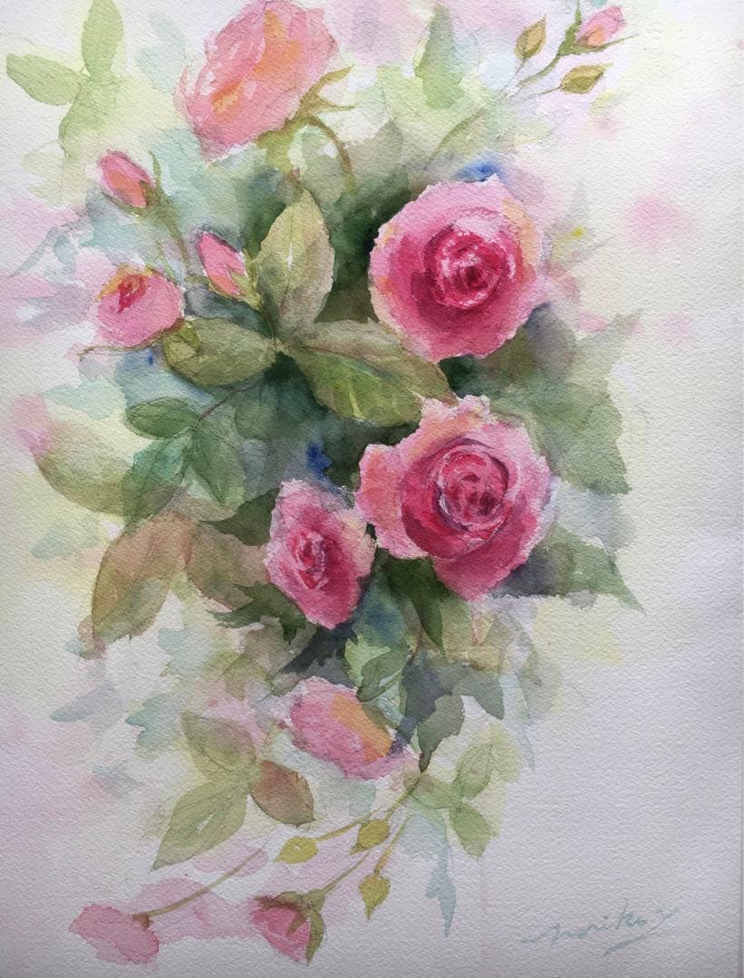 透明水彩画原画蔓薔薇つるバラローズバラ⑤