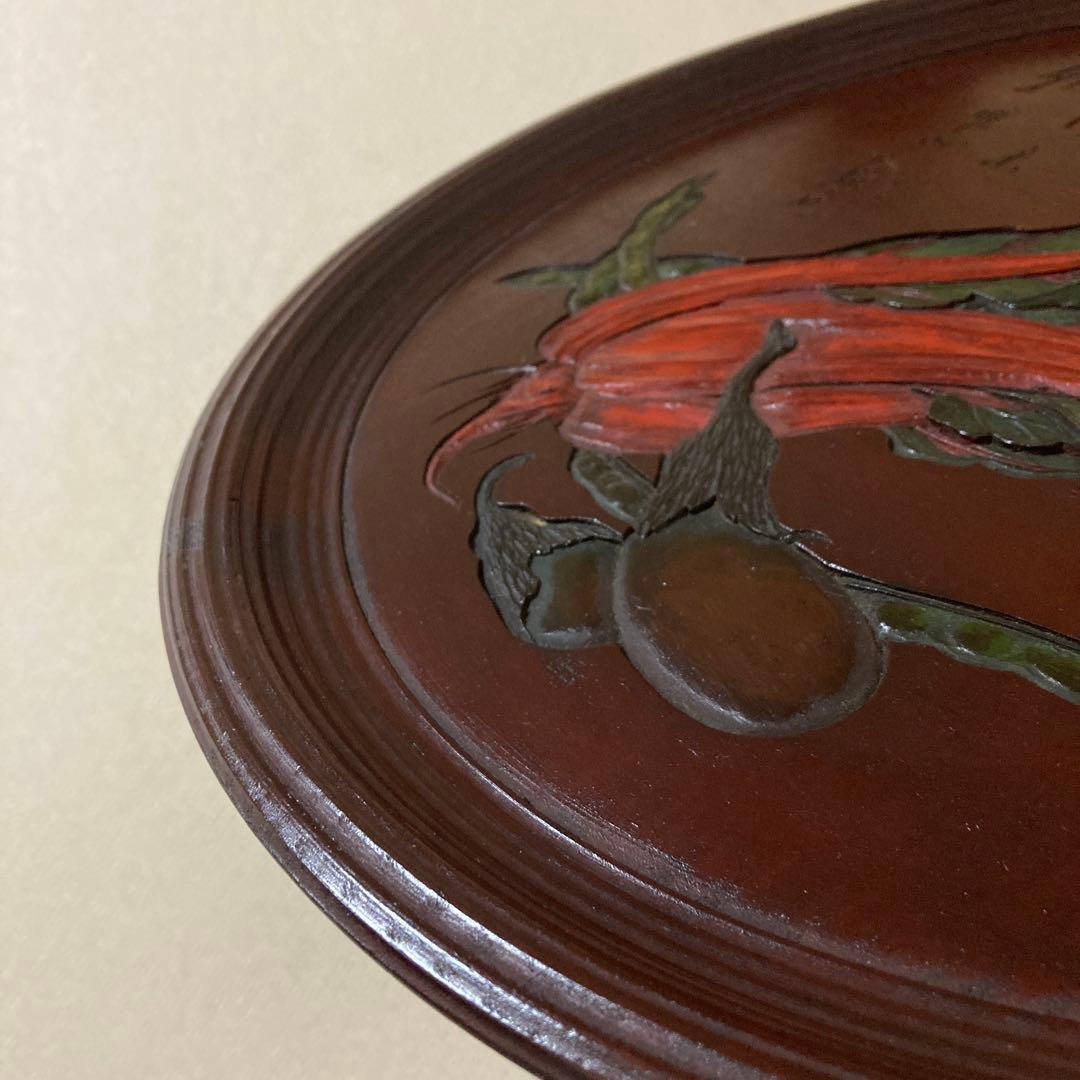 時代　彫抜色絵絵替丸盆　讃岐彫象谷塗　5枚　古盆　古木箱有〈検 烏城　四国　鎌倉