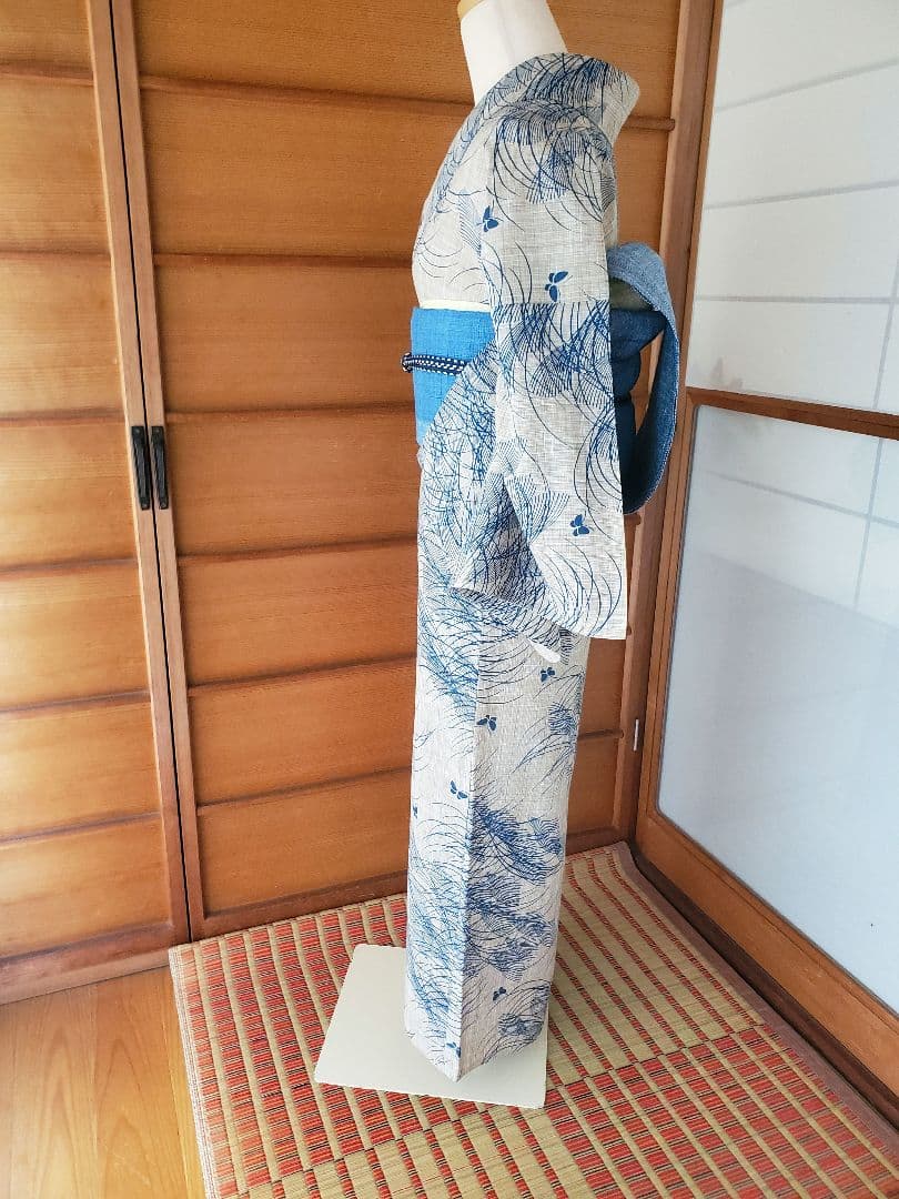 【麗しのふだんキモノ＊】奥州小紋風の浴衣　ベージュ×青　スモールサイズ　綿