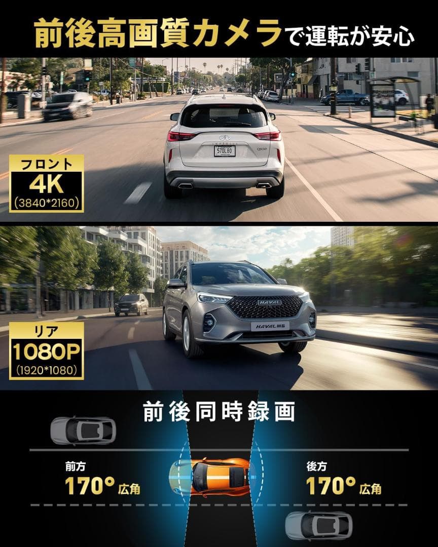 ドライブレコーダー ミラー型【2025年 4KHD画質・降圧ケーブル】