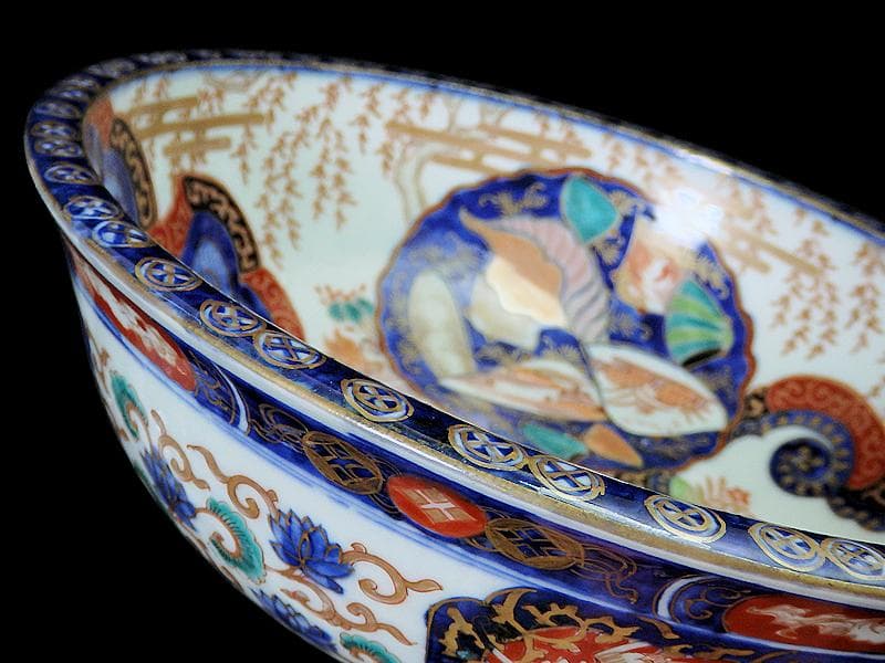 古伊万里　金襴手　流水にオシドリ　菊に尾長鳥の図　大鉢　D078AS-fbqm