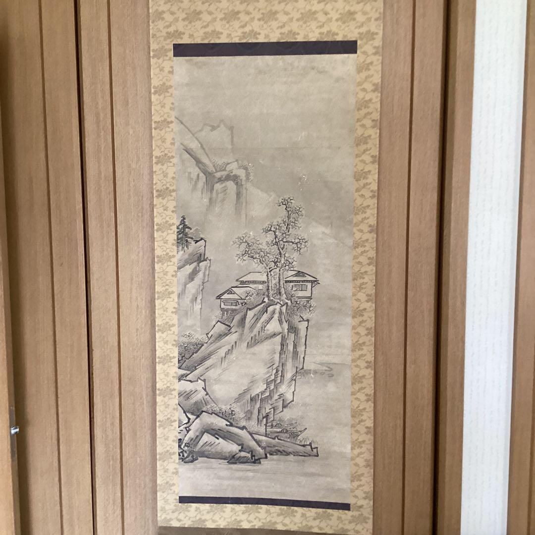 雪舟等楊　紙本水墨画　【洞　庭　図】肉筆　二重箱　花押在　掛軸一幅　模写　206