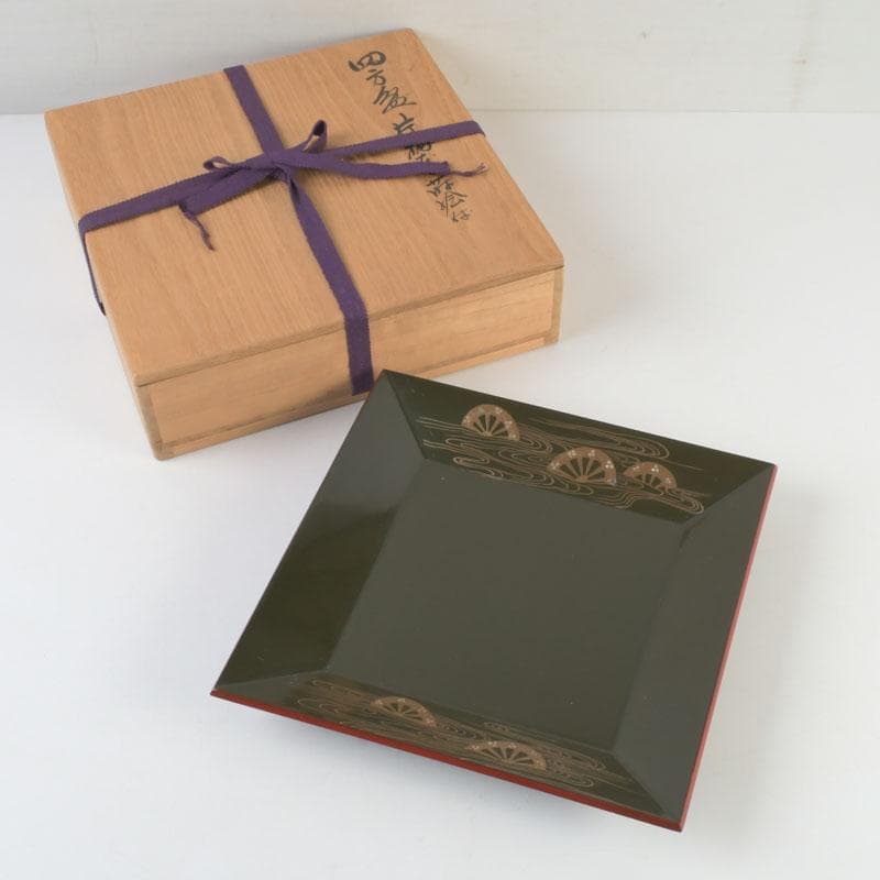 和食器　茶懐石　山中塗　辻石斎作　螺鈿装飾　片輪蒔絵　四方盆　共箱　N　9855