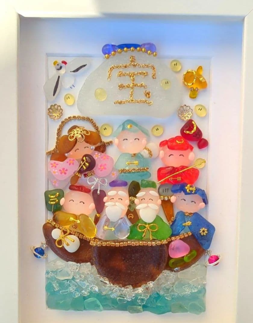 シーグラスアート　七福神白フレーム　全面透明フレームつき　ゲリラ出品