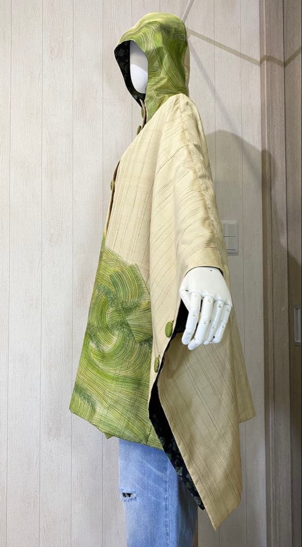 正絹紬訪問着 村山大島紬 リバーシブル フードポンチョ (難あり)