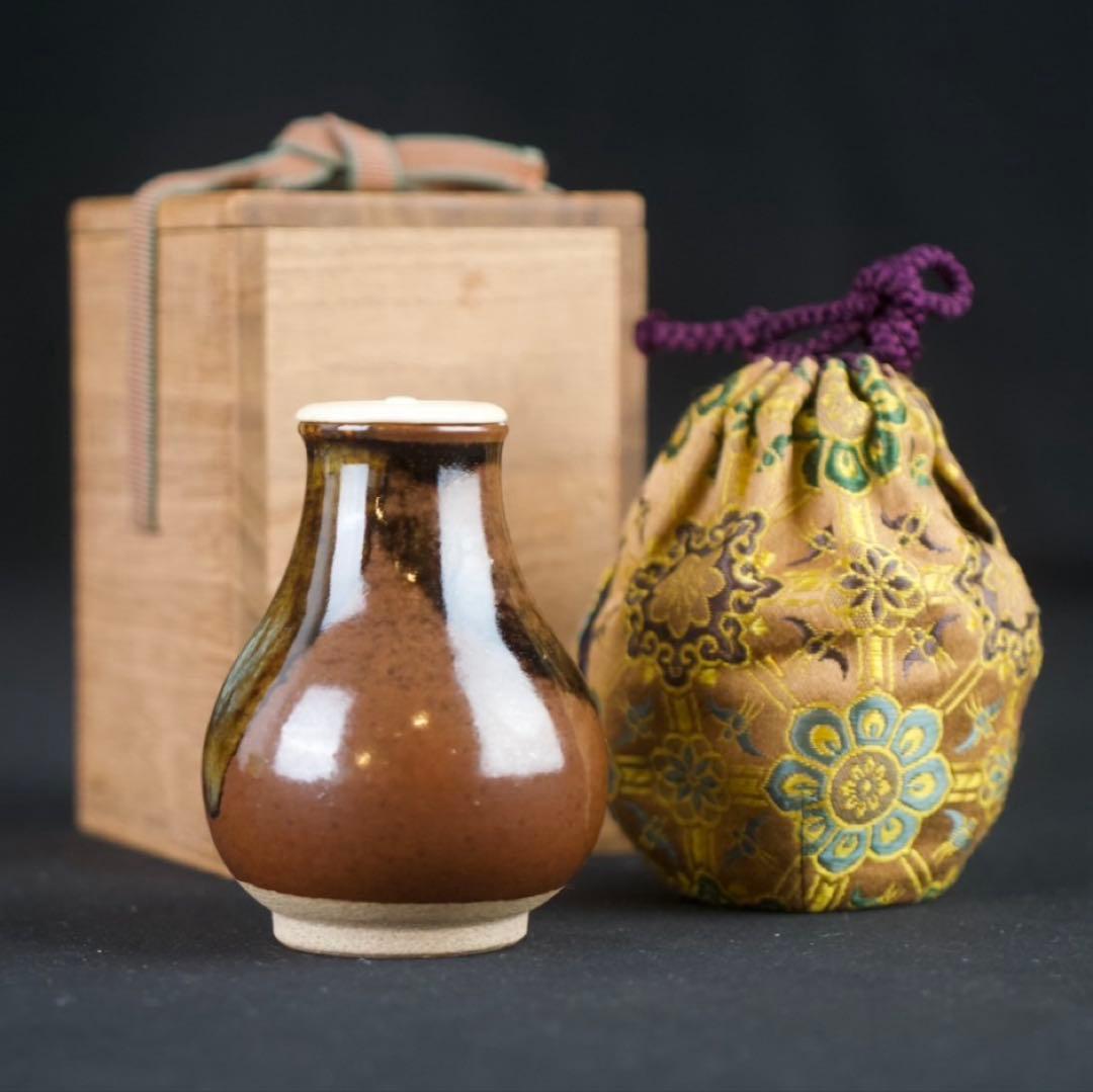 【茶道具】膳所焼 淡海ぜぜ 陽炎園 鶴首? 茶入 仕覆付 共箱