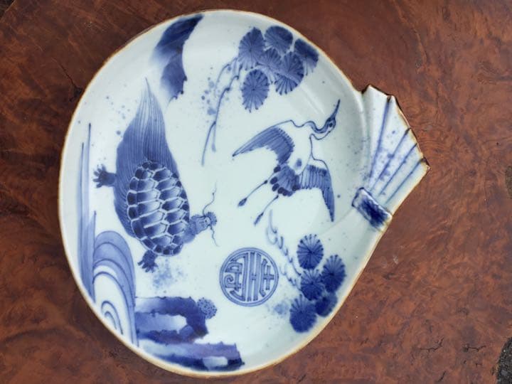 江戸末期 柿右衛門 染付鶴亀寿皿 木箱付き