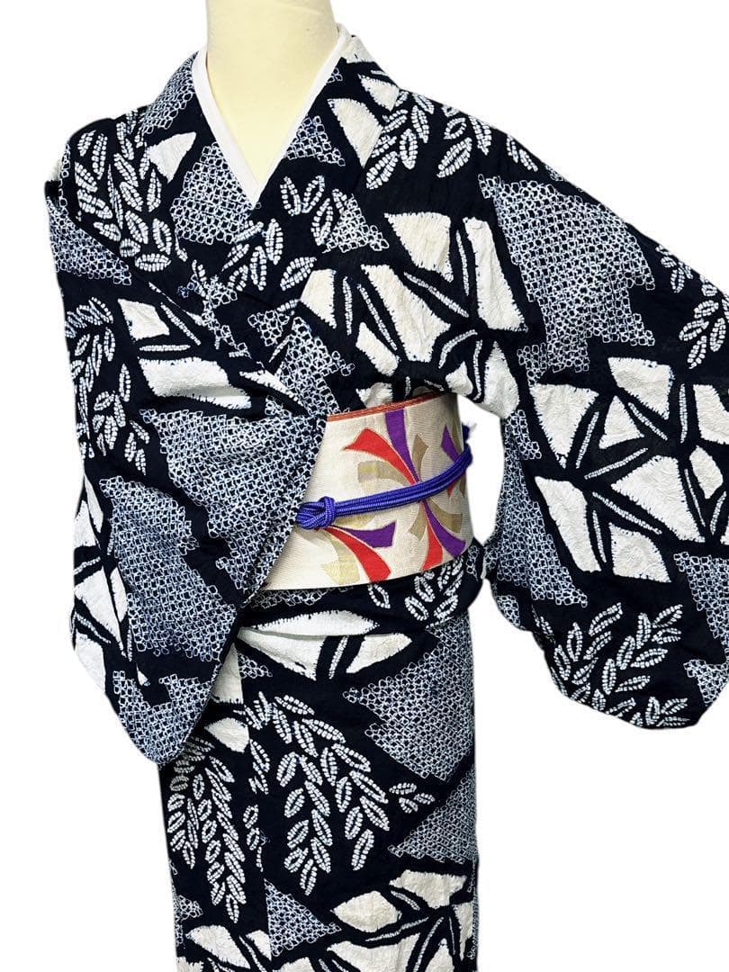 A53有松鳴海絞り 浴衣 花 綿　紺青