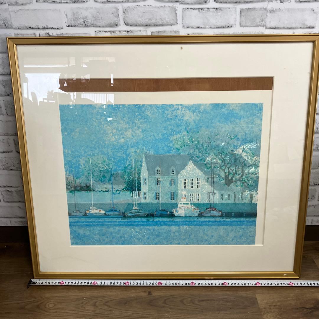 風景画 絵画 アート 水辺の街並み ヨット 額装 ゴールドフレーム インテリア