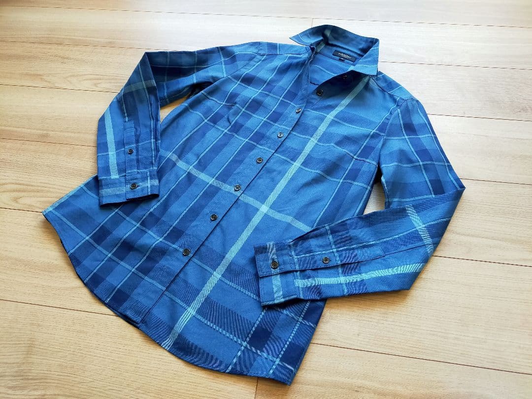 美品バーバリーロンドン 青ブルーチェック 長袖シャツ ブラウス38三陽商会