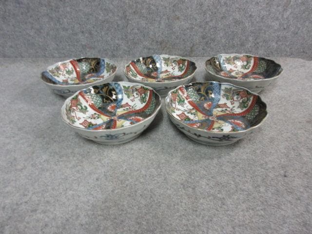 伊万里焼色絵ねじれ文に鳳凰図錦手なます皿5枚 [B24902]