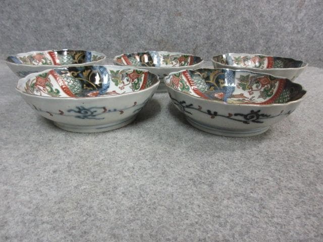 伊万里焼色絵ねじれ文に鳳凰図錦手なます皿5枚 [B24902]