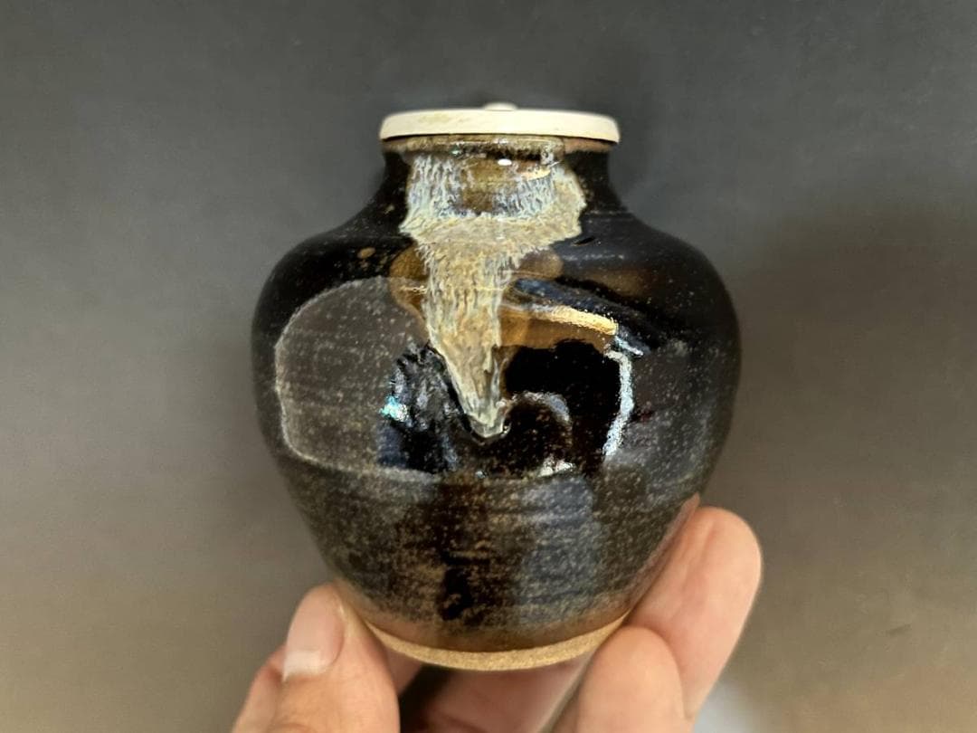 茶入れ■源左衛門 唐津 船越間道 仕覆 涙艮文琳茶入 お茶道具 時代物 骨董品■