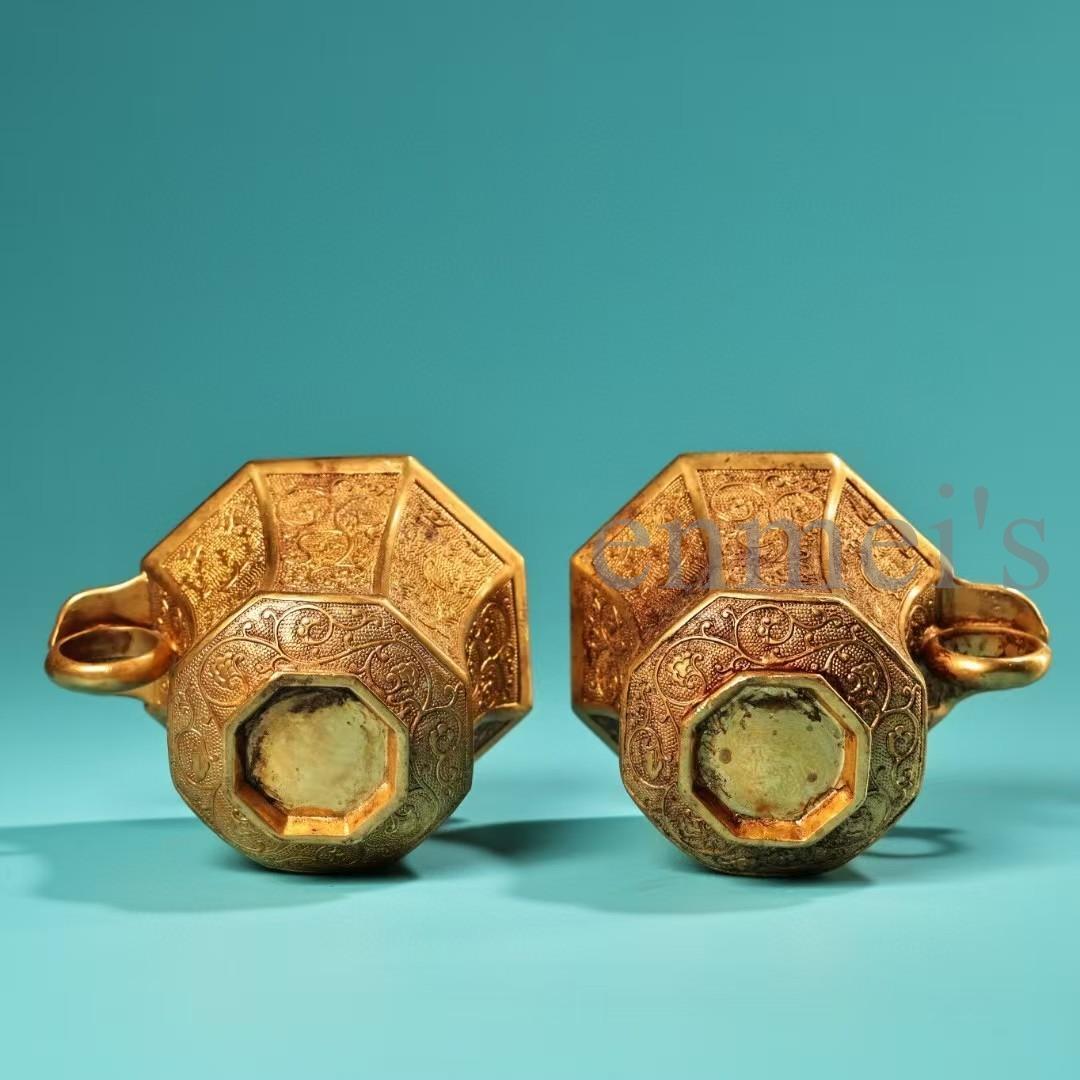 中国古美術・珍蔵純銅製・鎏金・錾花彫刻・八角彫刻酒杯セット・茶道具・風水置物