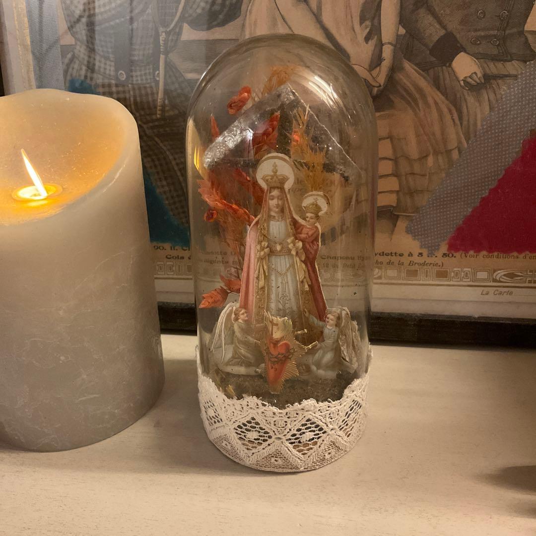 フランスアンティーク　ガラスドーム　聖母子　天使　クロモス　オブジェ　クリスマス
