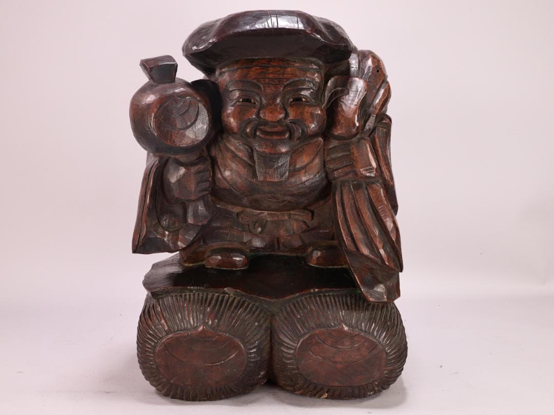 BK201　時代木彫　江戸期　大隅源義縄 作　恵比寿像　大黒像　玉眼　江戸ガラス