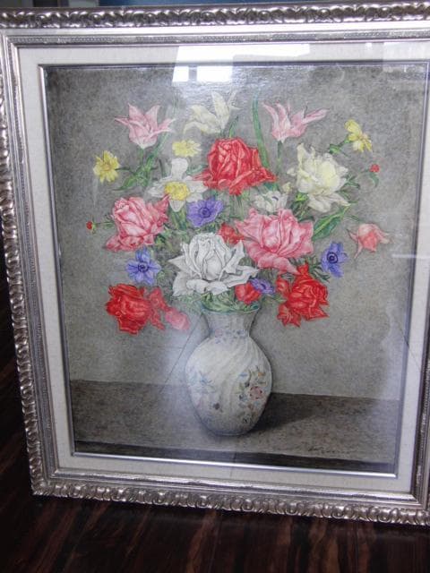 服部和三郎、薔薇とアネモネ 水仙 チューリップ、F10号、真作油絵、新品油彩額付