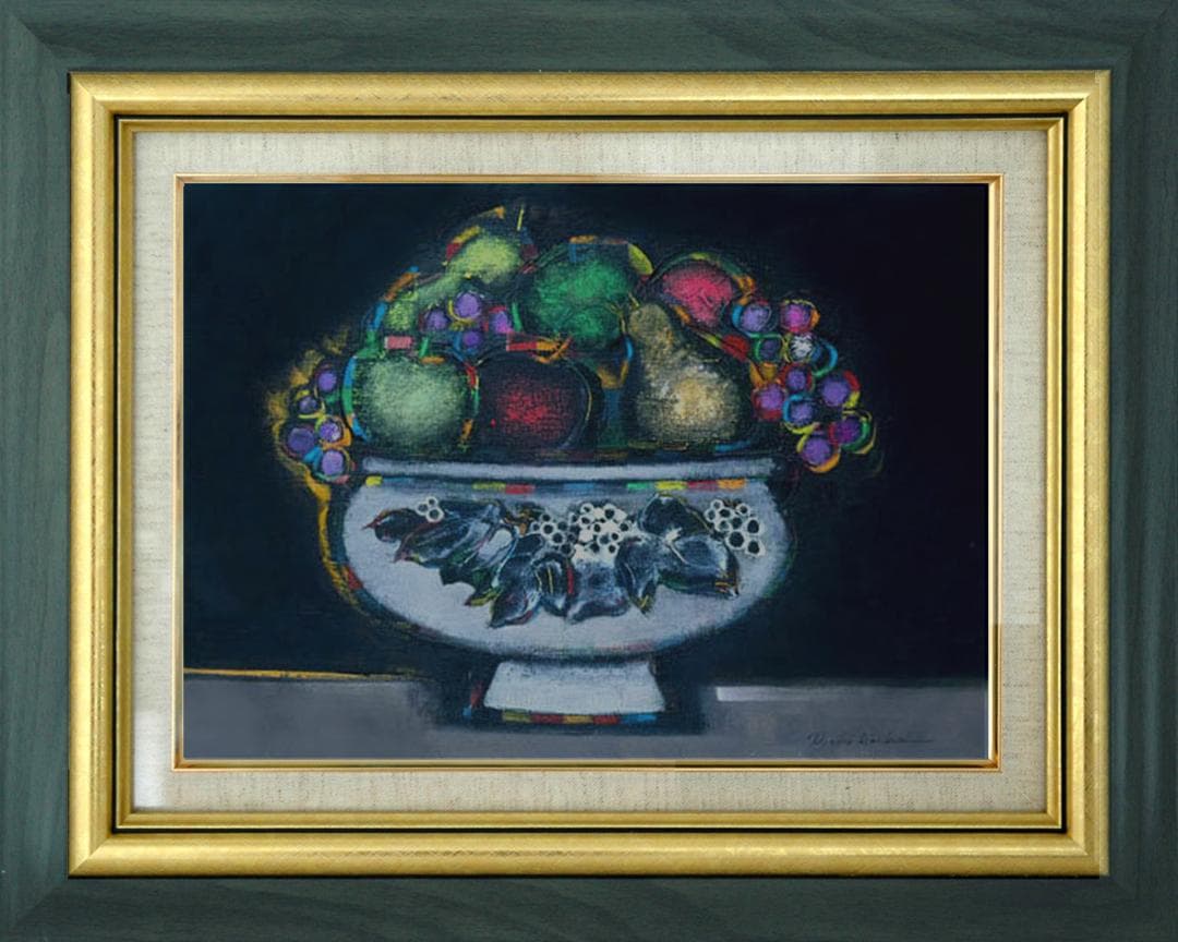 油絵 菅家令子 絵 絵画インテリア額付(青緑＋金色の枠uF6-062004 果物