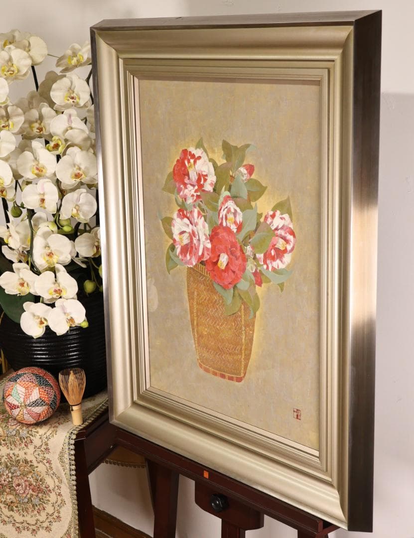 【真作】　間瀬琳一 「 華籠 」　12号　日本画　共シール　タトウ　BK173