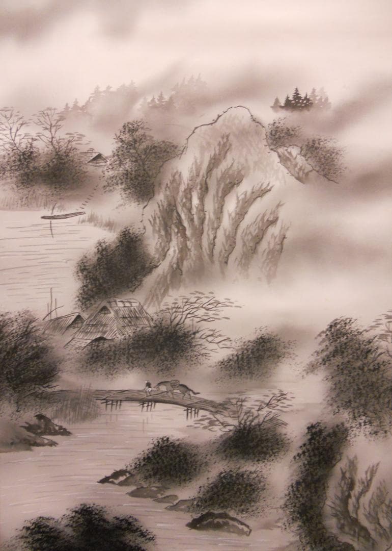 掛け軸 堀広陽 水墨山水 絹本 希少 軸装 茶道具 掛軸 美品 です。