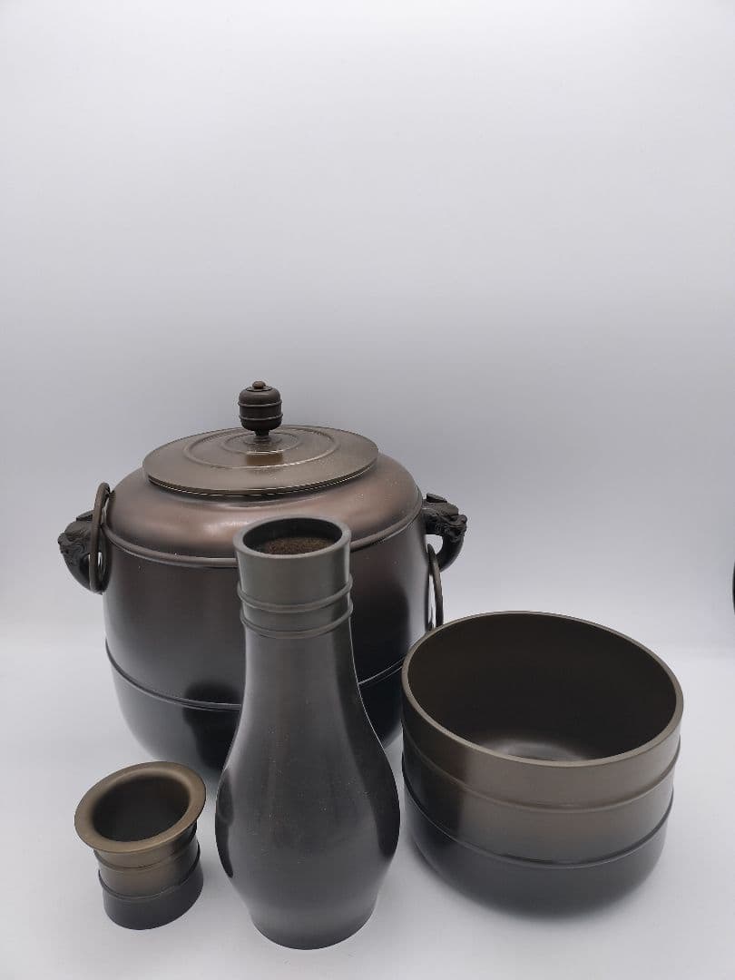 c413 唐銅皆具 鬼面遊環 八尾祥栄 木箱 茶道具 古物