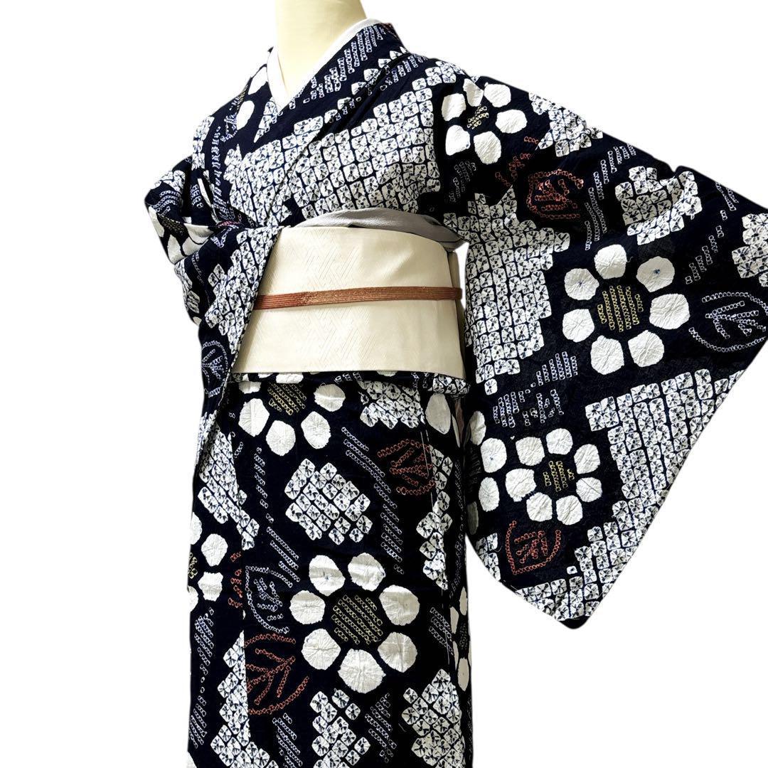 A61有松鳴海絞り 高級浴衣 綿　手縫い仕立て　仕付け糸　美品