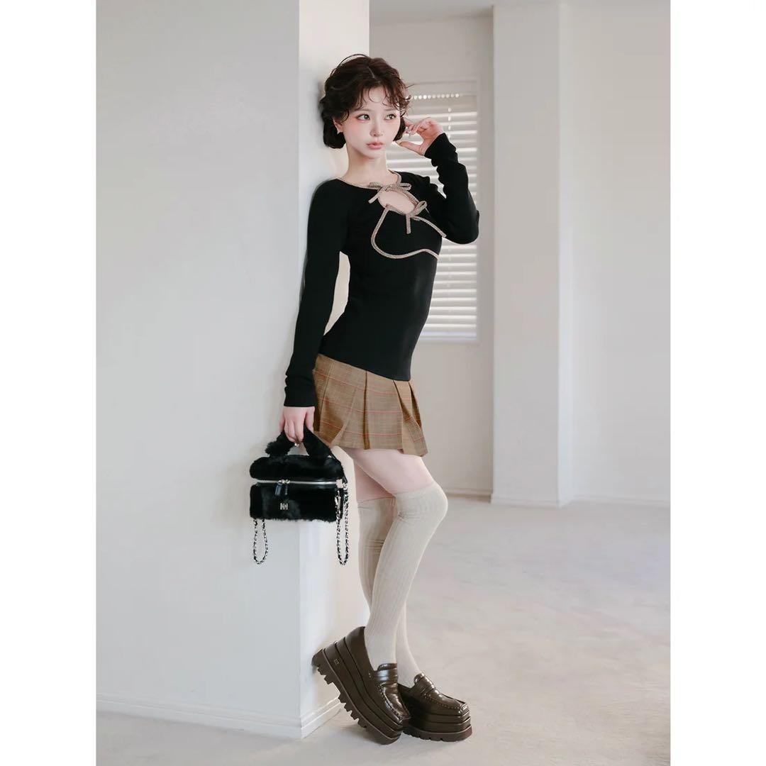 新品タグ付 ダーリッチ ブラック FL ポイントチェックニットミニワンピース