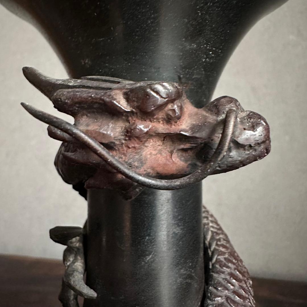 【希少】　古銅　銅製　鉄龍巻　龍巻花瓶　雄峰造　雄峰在銘　花入れ　高岡銅器　小