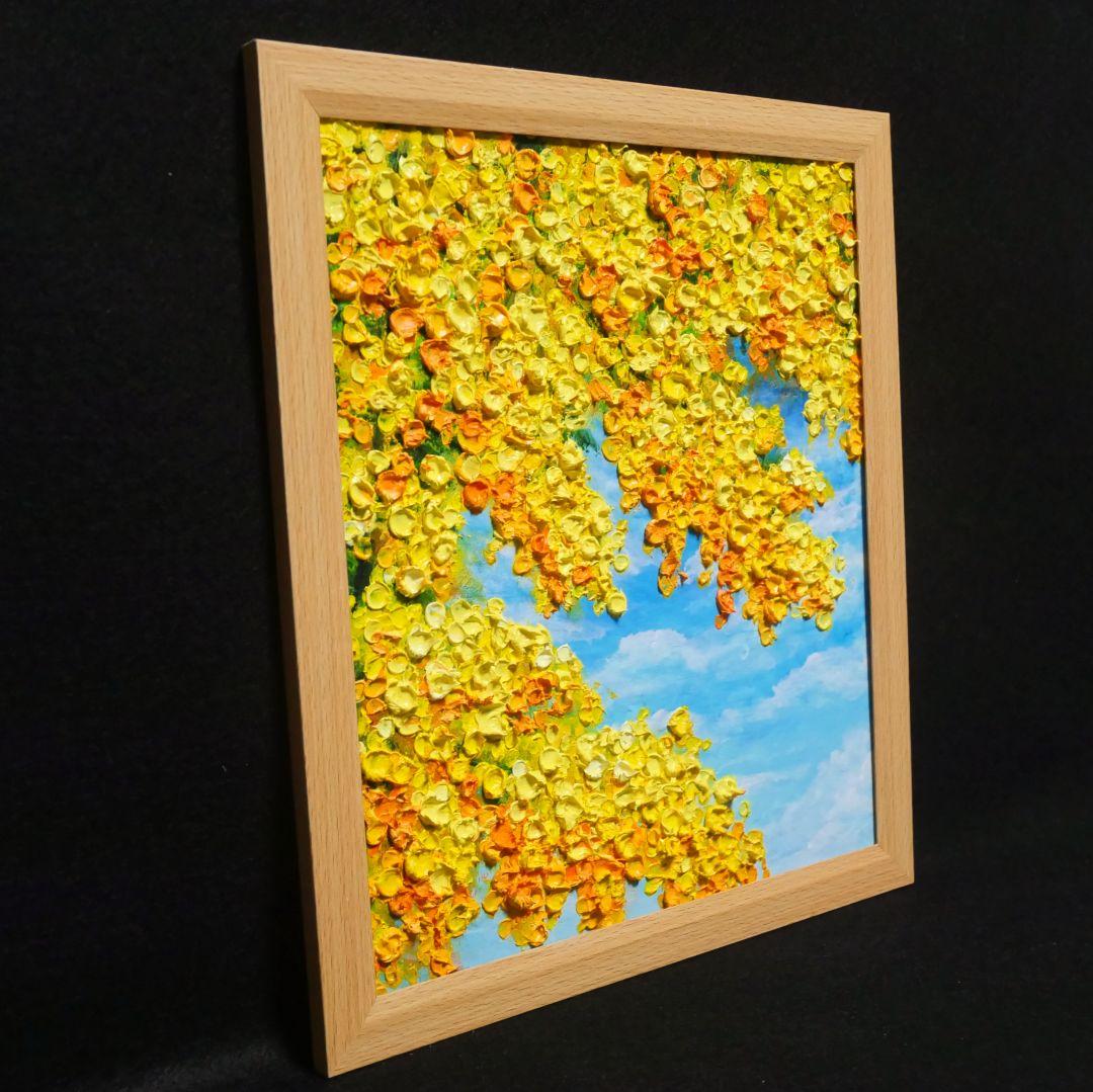 油絵 油彩 油彩画 絵 絵画 【青空に咲くミモザ 】