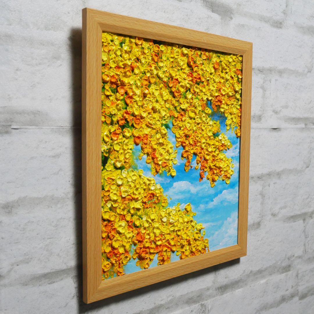 油絵 油彩 油彩画 絵 絵画 【青空に咲くミモザ 】