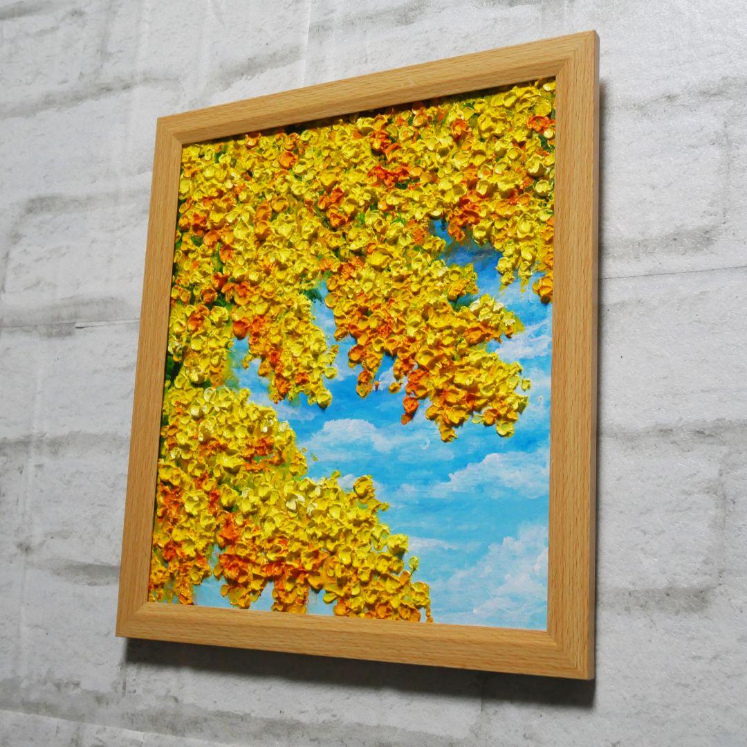 油絵 油彩 油彩画 絵 絵画 【青空に咲くミモザ 】