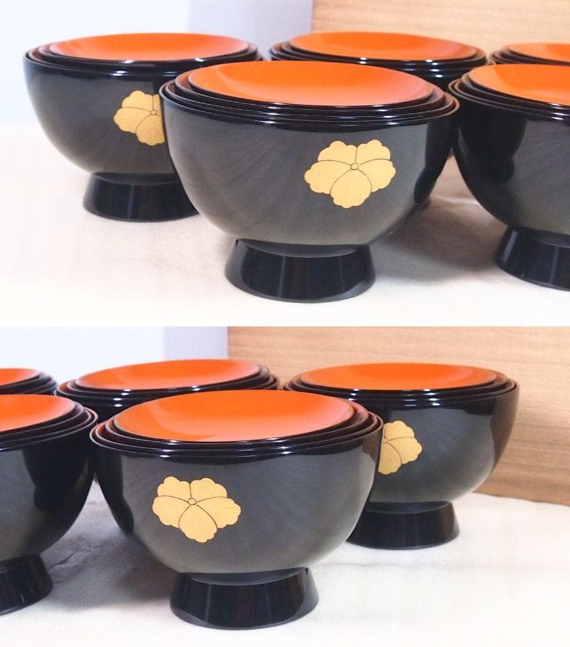 【未使用】輪島塗 熊野茂次 蔦蒔絵/蔦文 四つ椀5客 入れ子椀 布着本堅地 漆器