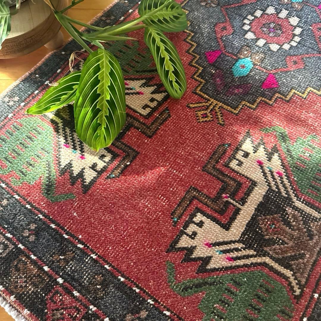 48×102 深みある赤茶色×グレイ　メダリオン　トルコヴィンテージラグ