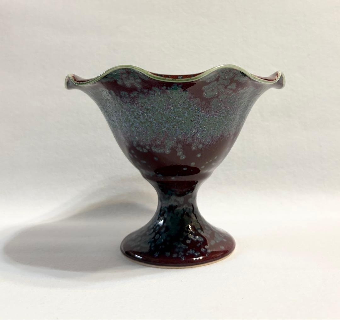 四郎作 有田焼 天目釉 高台菓子器 窯変 結晶釉 曜変調 脚付菓子鉢 茶道具