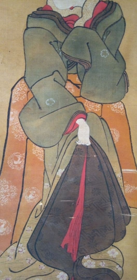掛け軸、浮世絵美人画絹本、小磯崎雪窓画(浮世絵名歌川芳秀）