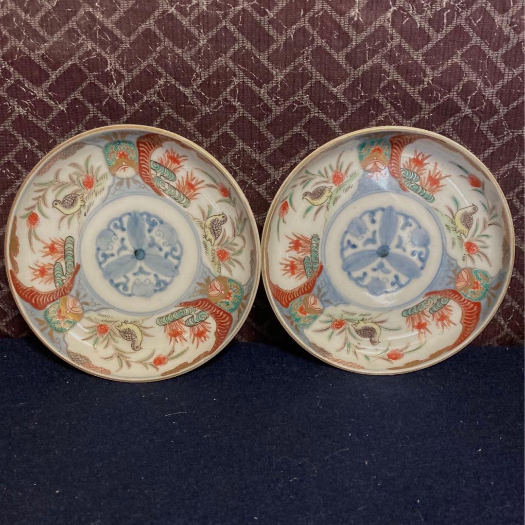 伊万里　丸にミツ柏鶉紋皿一対　山之内家