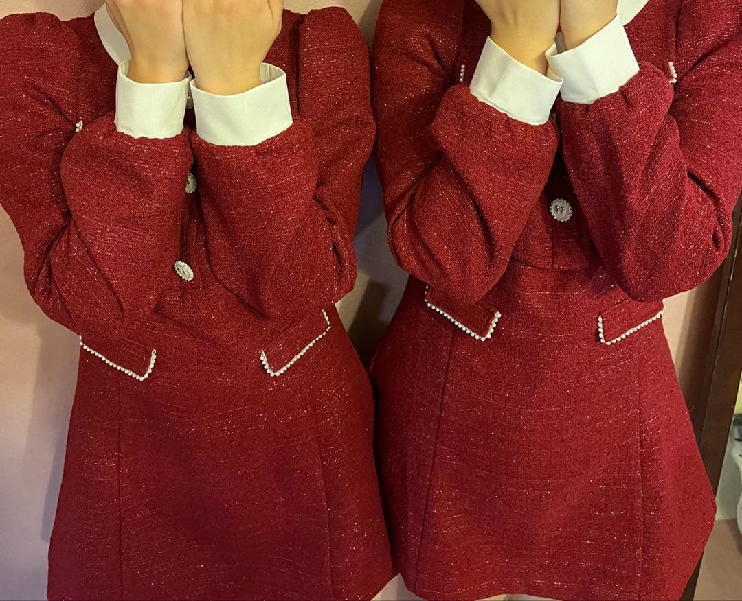 evelyn ツイードミニフレアワンピース 赤