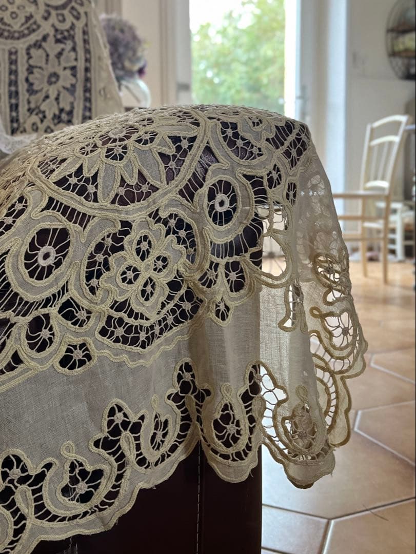 ◆フランスアンティークお宝級手刺繍超大判テーブルクロス大きいベッドカバーソファー
