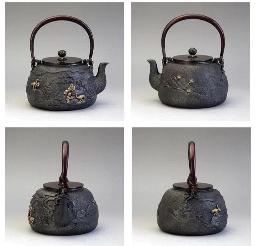 鋳鉄製黒色鉄瓶 鶴と人形の浮彫り 老鉄瓶 提梁壺★未塗装鉄器 1.3L