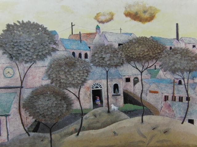 藤田龍児、静かなる町、希少な額装用画集より、新品高級額装付